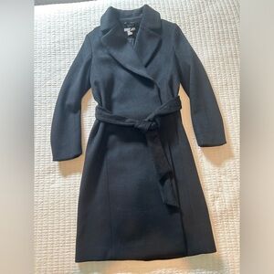 H&M long wool belted coat, size: US 2, black